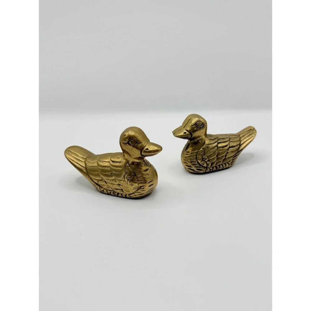 Vtg Small Brass Ducks Patina 1980's Decor Cottage Cabin Library Paperweight